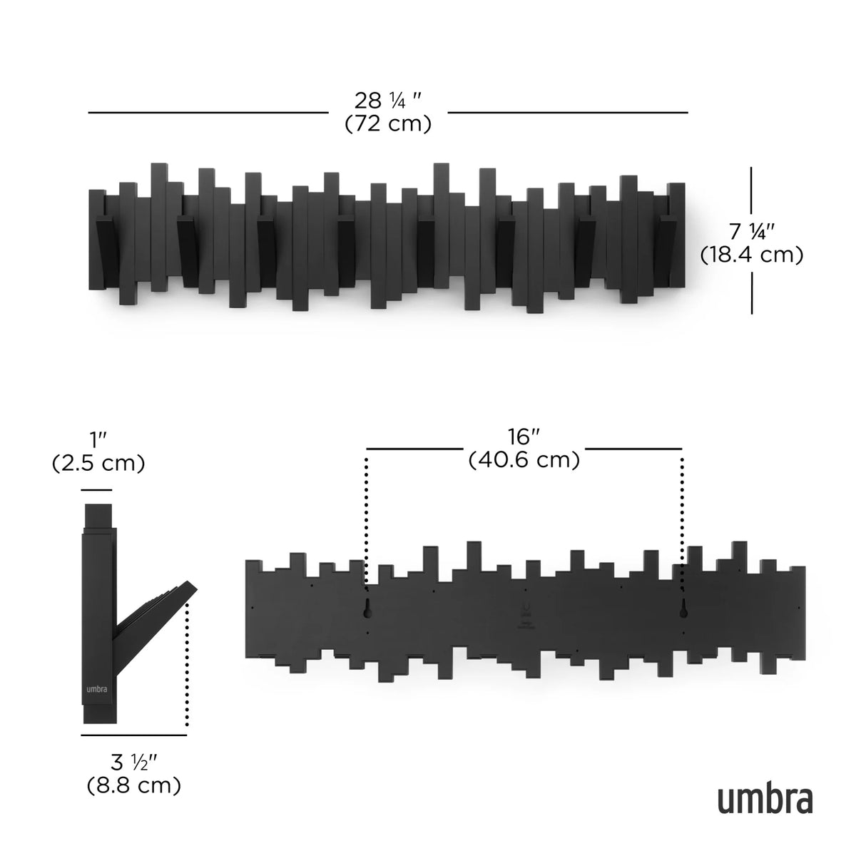Appendiabiti da Parete a Scomparsa Sticks Nero – 8 Ganci Umbra
