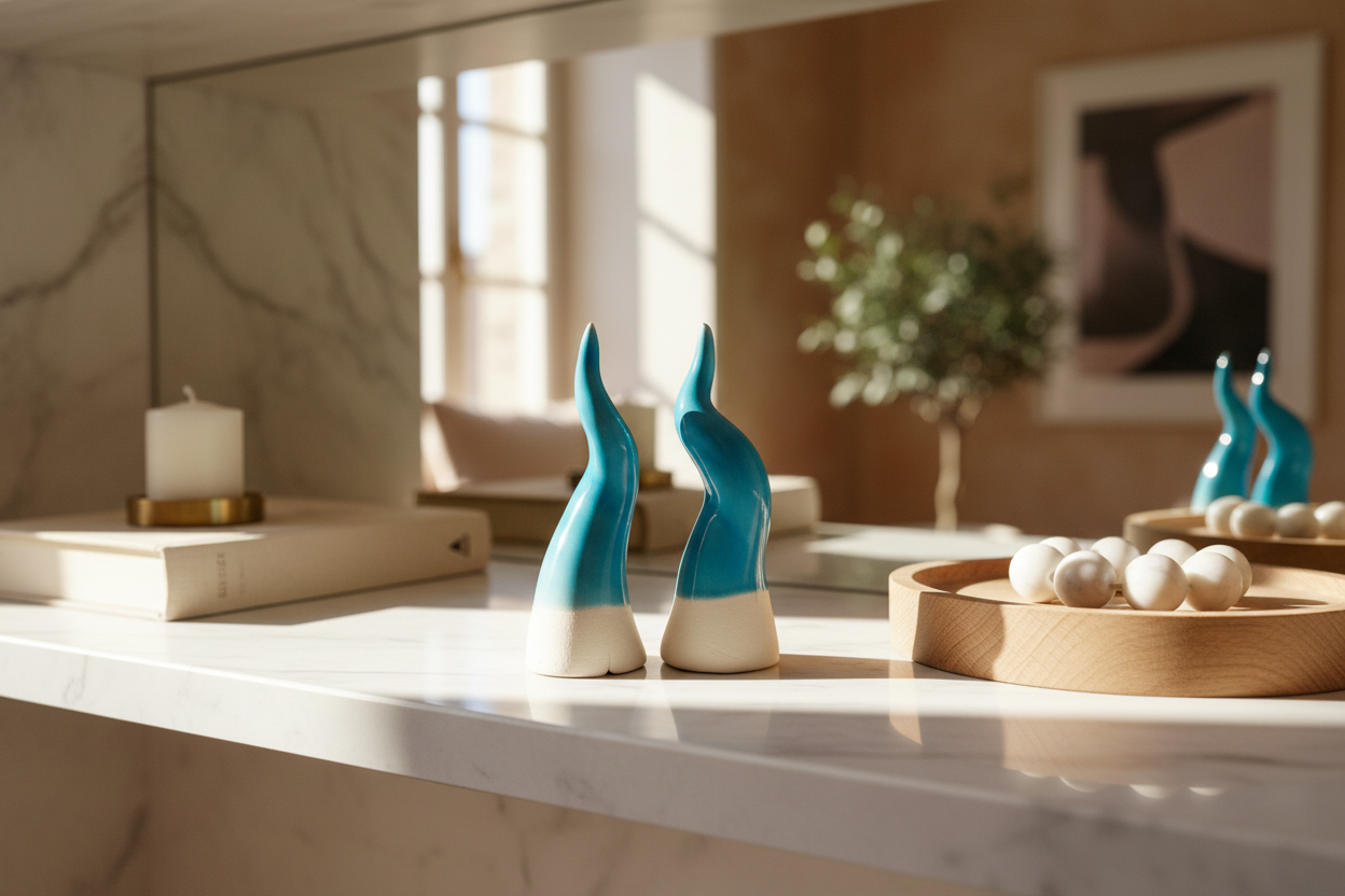Mini ceramic countertop horn, assorted colors, in a pyramid box with graphite