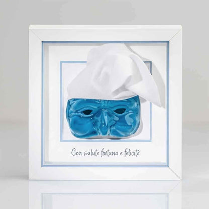 Pulcinella azzurro in ceramica Con Cornice In Legno