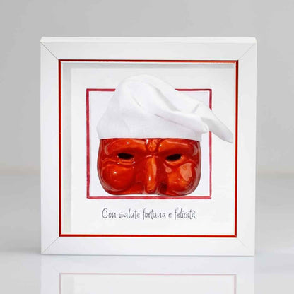 Pulcinella rosso in ceramica cornice in Legno