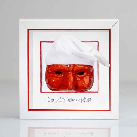 Pulcinella rosso in ceramica cornice in Legno