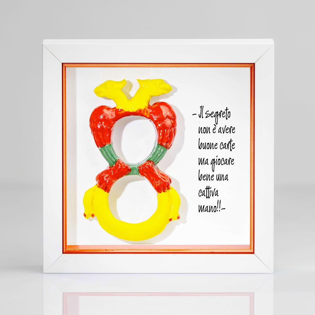 Cornice artigianale con Asso di denari delle carte napoletane e frase decorativa da appendere oda appoggiare personalizzabile