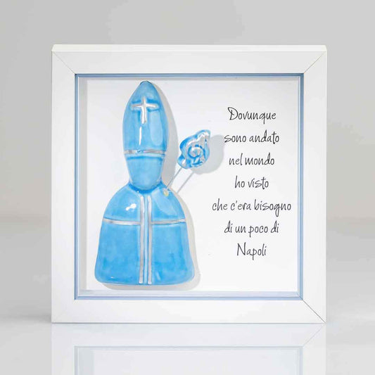 San Gennaro in Ceramica Azzurro 16x16 cm Con Cornice e Scatola Regalo